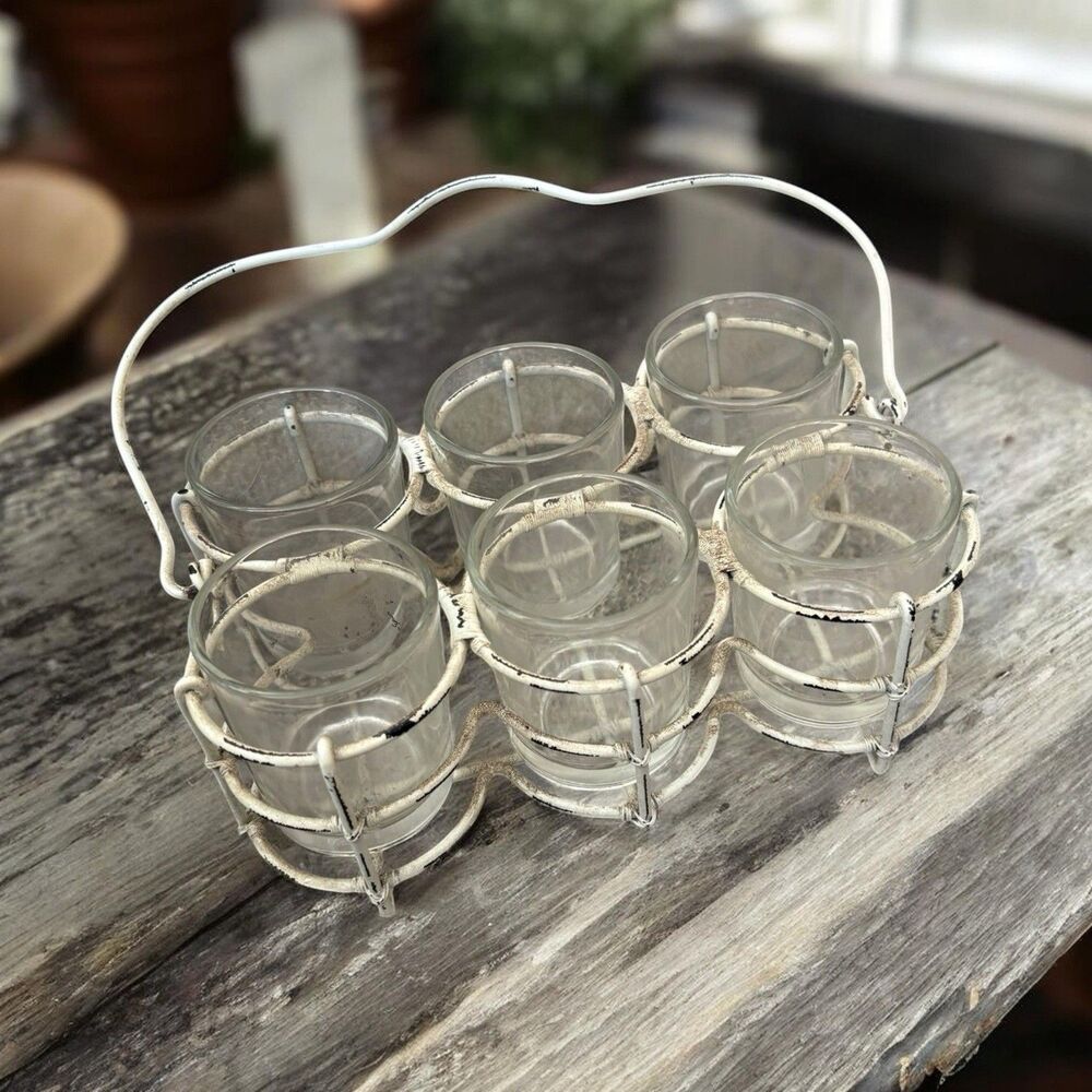 Hallmark Tea Light Holder Candle Votive White Wire 6 Glass Caddy Vintage